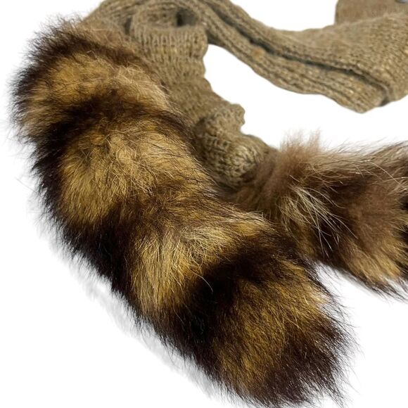 Vintage 80s Winter Knit Scarf w/‎ Fur Tails Raccoon Tails Wear Repurpose Cosplay - Picture 2 of 10